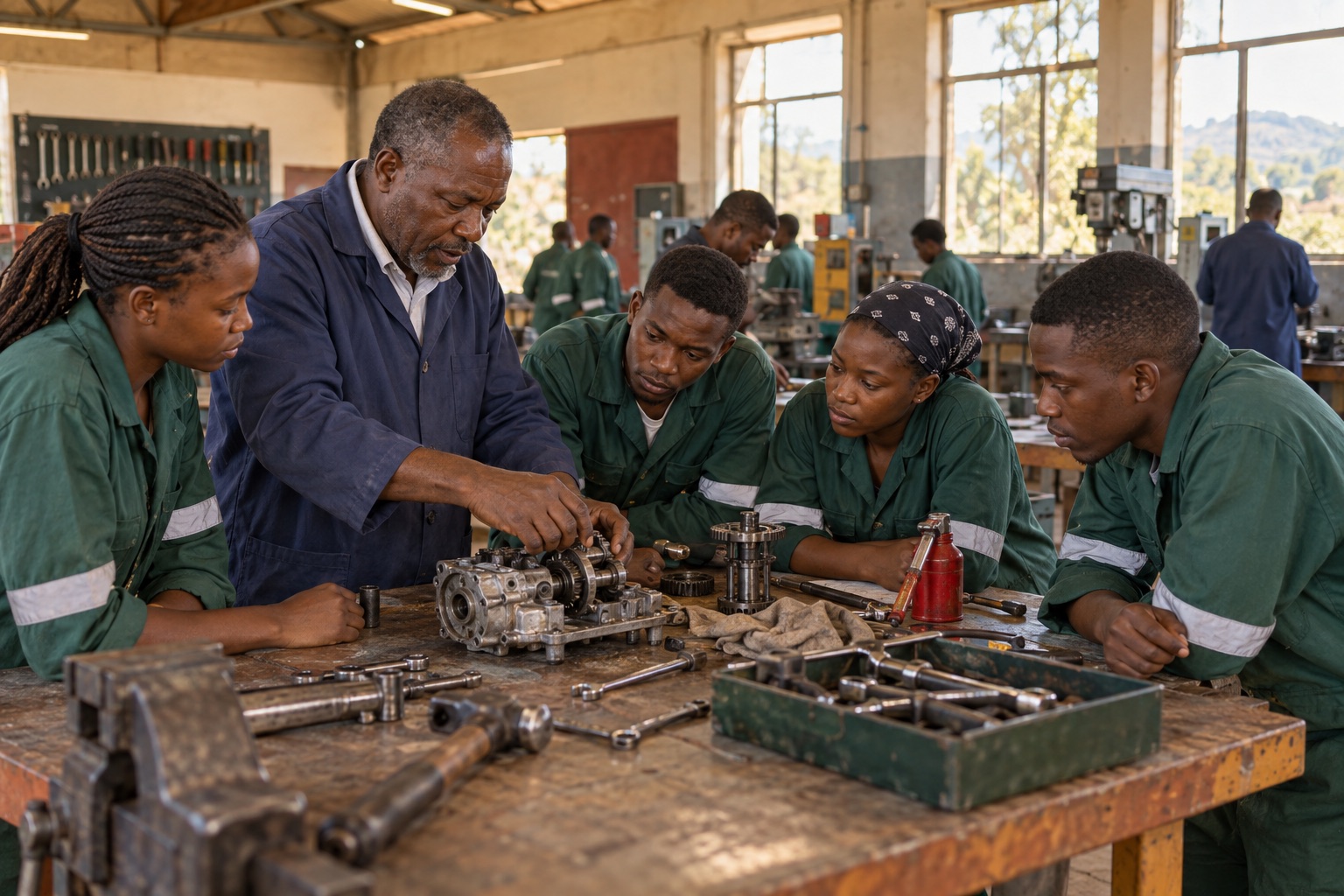 Illustrative scene: Instructor guiding adult learners through a mechanical workshop task
