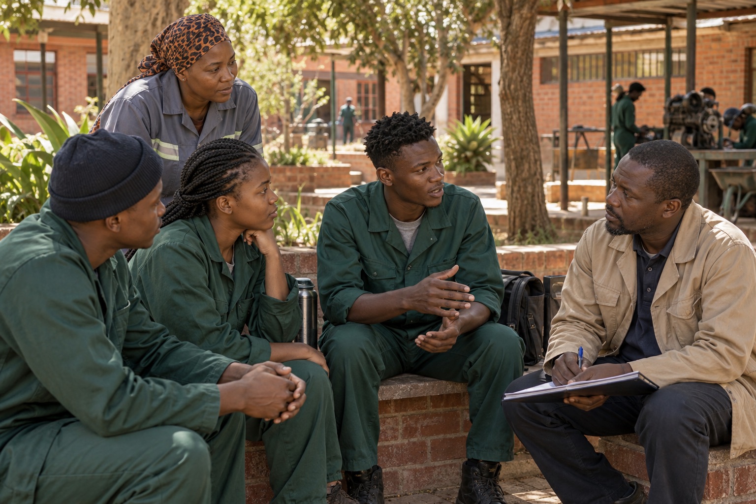 Illustrative scene: Learners and an instructor talking on a shaded courtyard bench