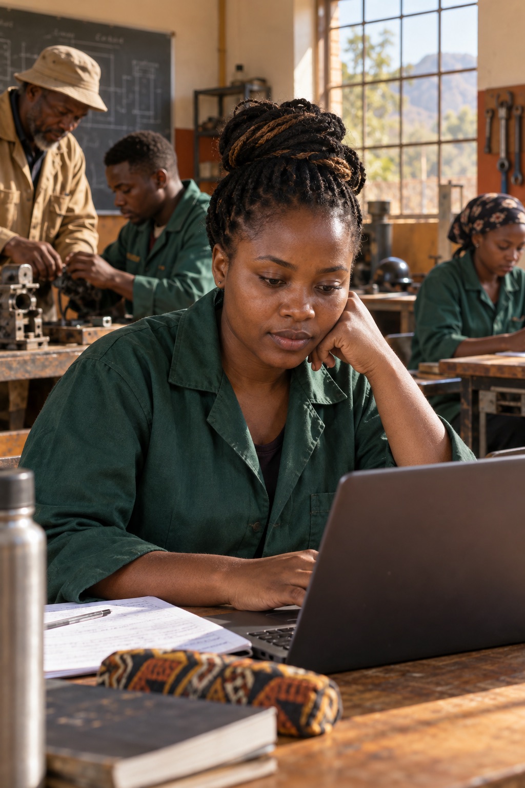 Illustrative scene: Adult learner concentrating on her laptop in a classroom