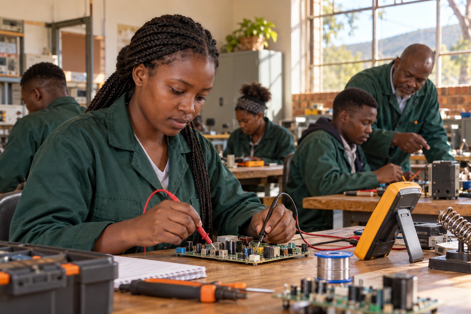 Illustrative scene: Learner practising with an electronics training board