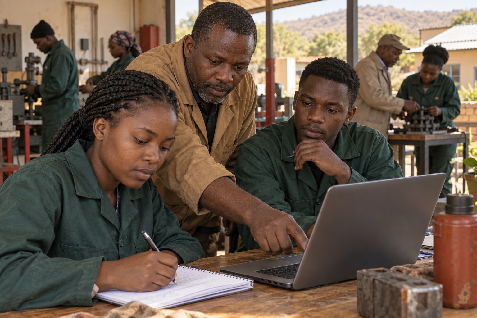 Illustrative scene: Instructor explaining a laptop task to two learners