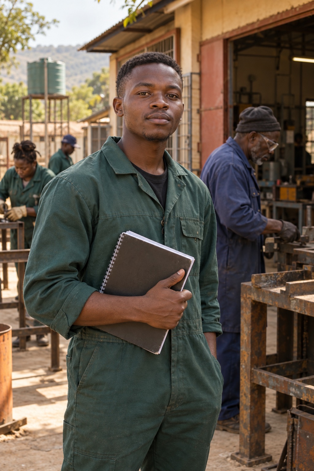 Illustrative scene: Adult learner holding a notebook outside a workshop