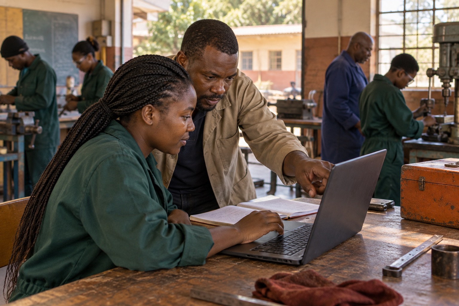 Illustrative scene: Learner working at a laptop with support from an instructor