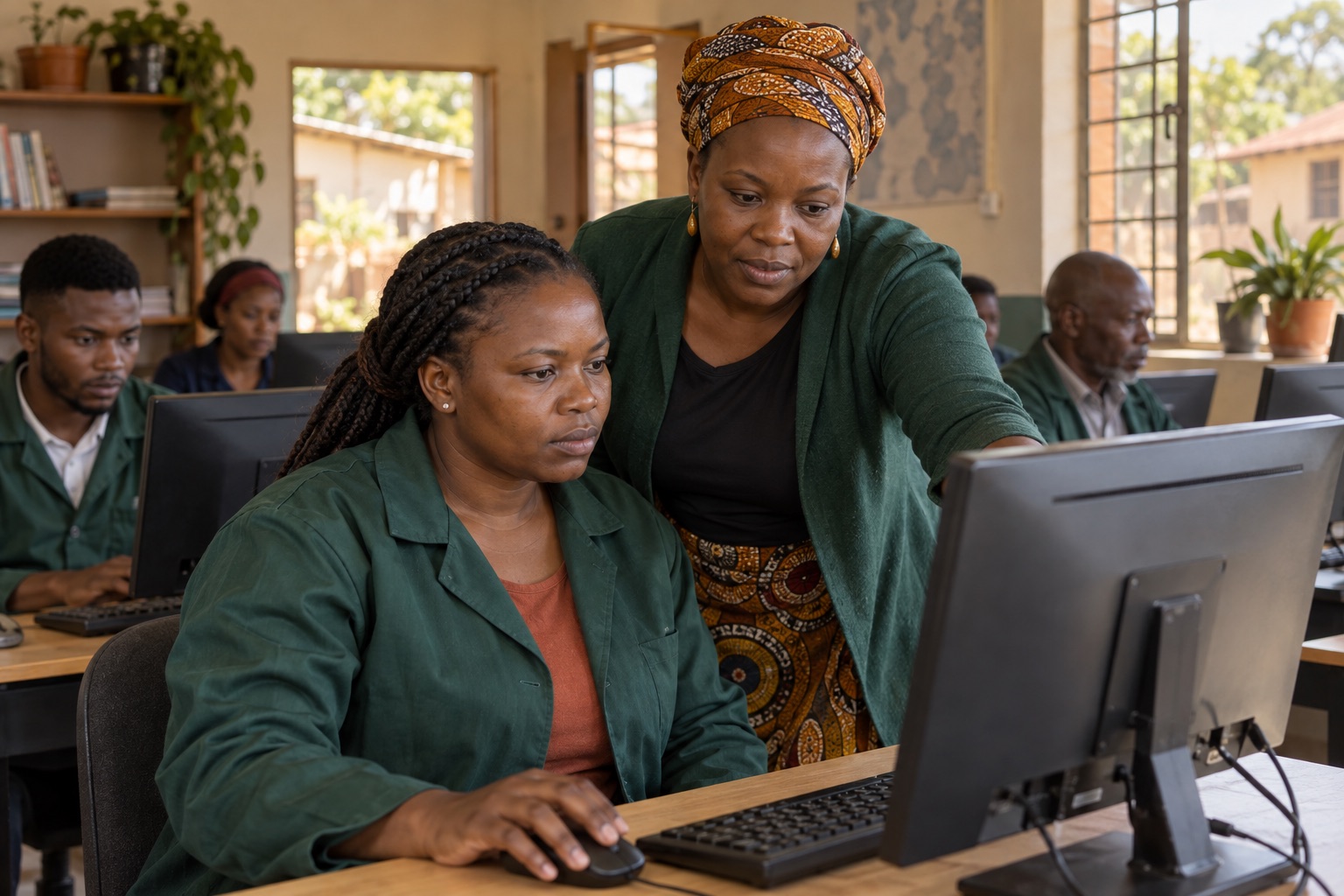 Illustrative scene: Instructor supporting a learner at a desktop computer