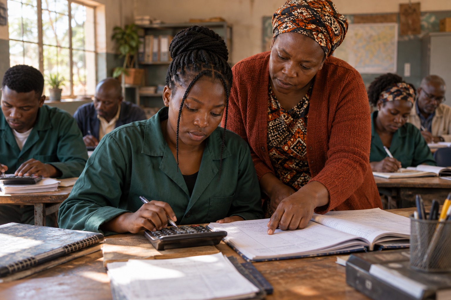 Illustrative scene: Instructor helping a learner review a ledger and calculator