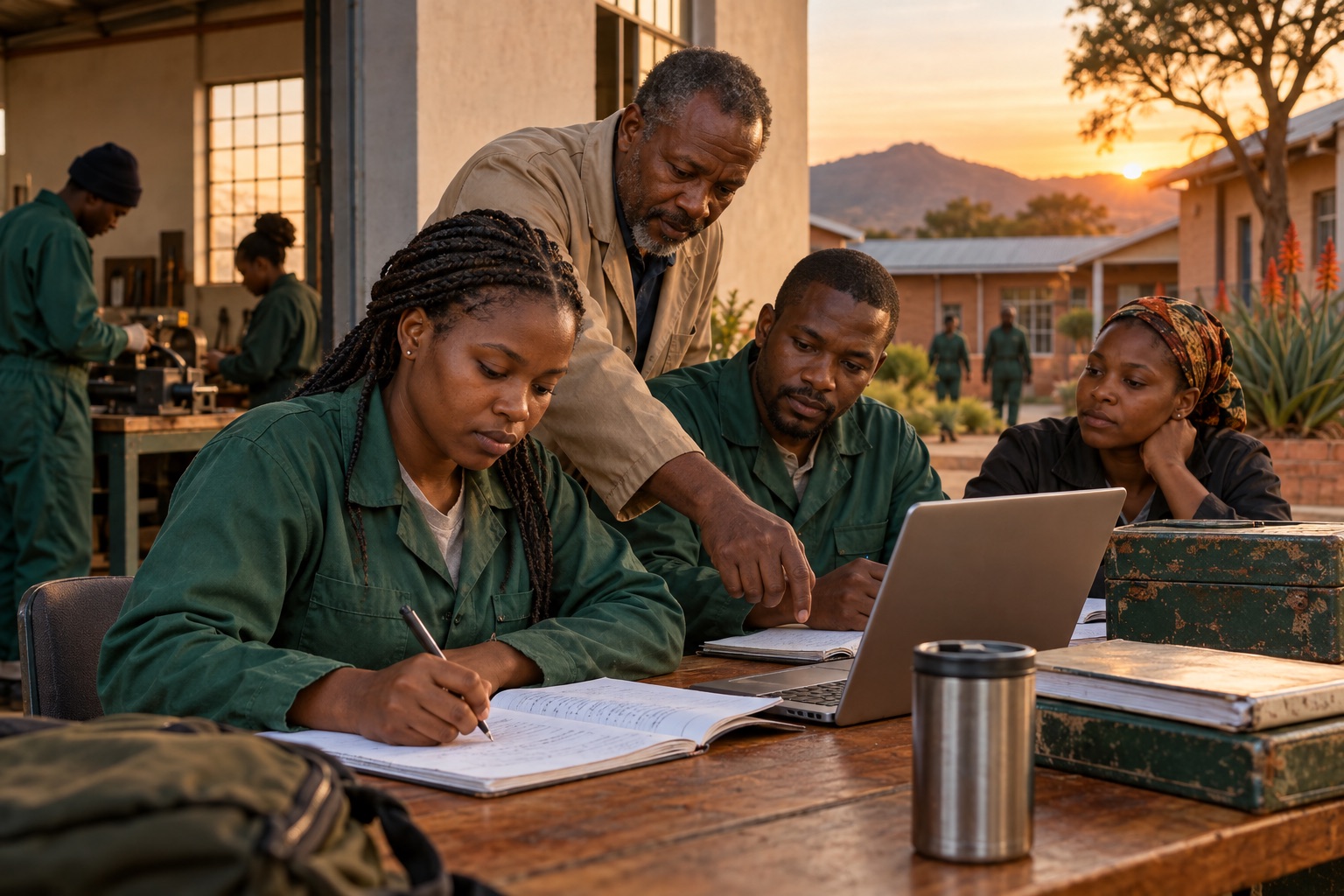 Illustrative scene: Adults studying together outside a classroom in evening light