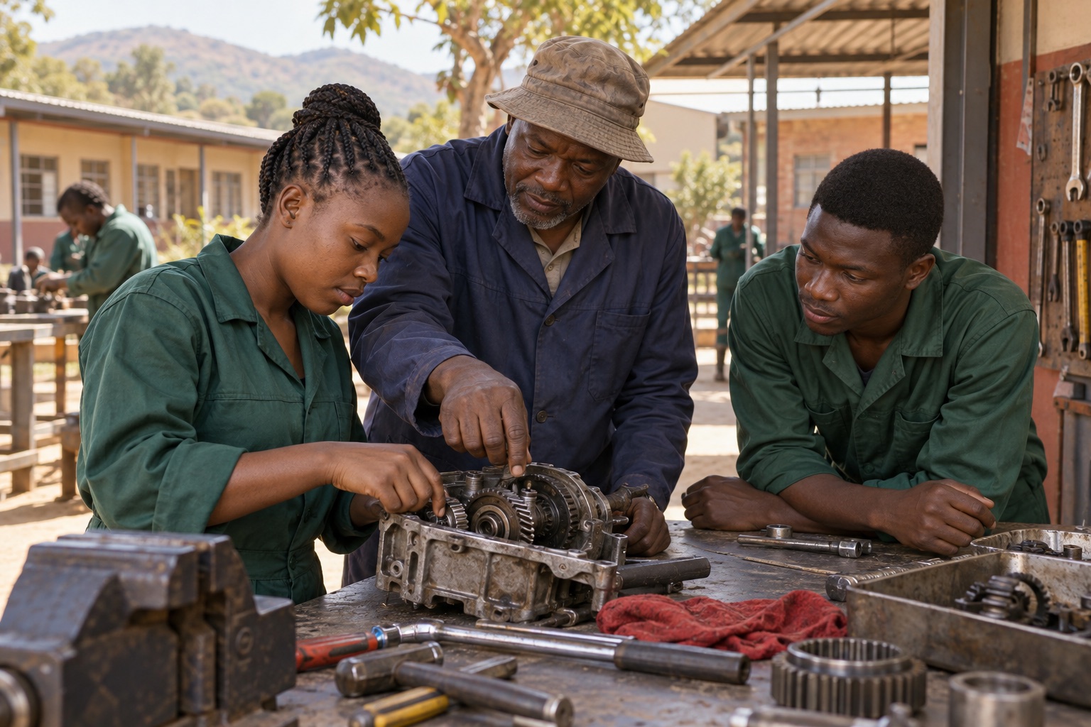 Illustrative scene: Instructor and learners examining a mechanical project