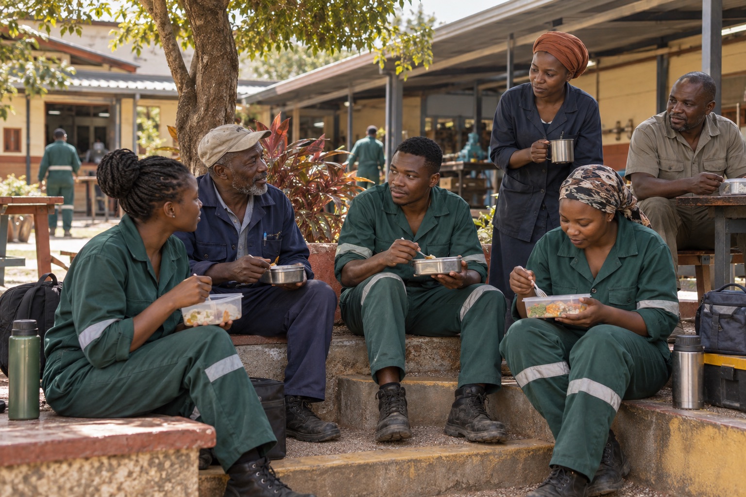 Illustrative scene: Learners sharing a relaxed lunch in a courtyard